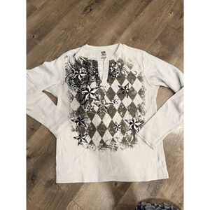 Vintage Y2K Route 66 men thermal henley shirt black & grey star & argyle design